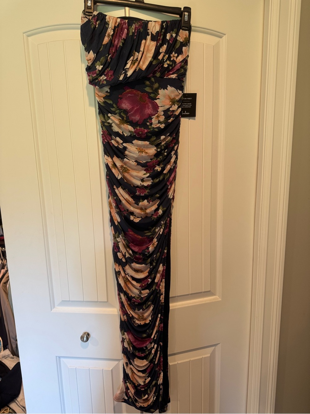Lulu's Strapless Navy Floral Ruched Maxi Dress with Pink and Cream Blooms